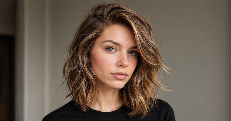 Mulher de cabelo castanho ondulado médio, expressão neutra, em fundo cinza. corte de cabelo médio em camadas repicada