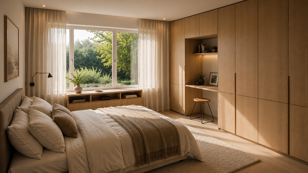 Quarto minimalista com cama clara, almofadas brancas, cortinas bege, armário de madeira, janela grande com vista para árvores, luz suave.
