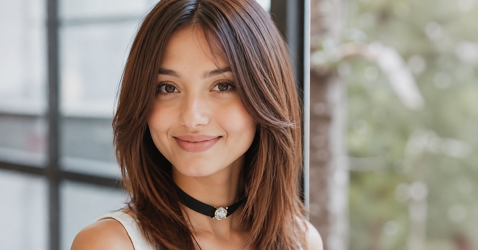 Mulher sorrindo em close, com gargantilha preta, diante de janela e fundo verde desfocado.
