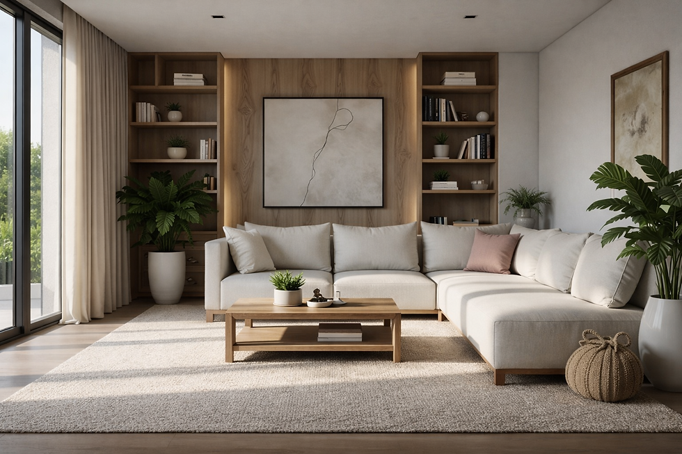 Sala de estar elegante com sofá claro em L, almofada rosa, mesa de centro de madeira. Prateleiras com livros, plantas e quadro abstrato. Luz suave.