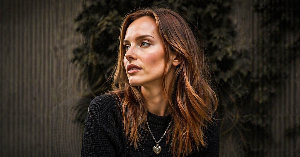 Mulher de cabelo castanho claro olha para o lado. corte de cabelo médio em camadas repicada Fundo desfocado com plantas verdes.