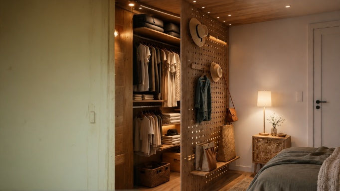 Quarto aconchegante com closet aberto, roupas penduradas, chapéus na parede vazada, cama e abajur aceso.
