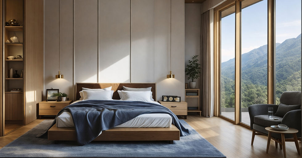 Quarto moderno com cama de madeira, coberta com manta azul. Janela ampla com vista para montanhas. Decoração aconchegante e luminosa.