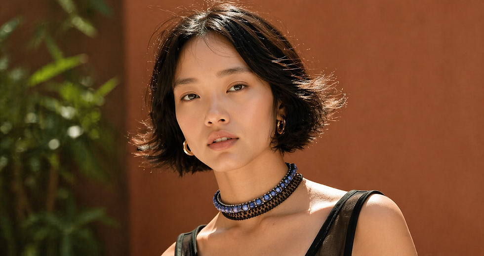 Mulher de cabelo curto bob e expressão neutra, usando colar azul e preto e brincos de argola. Fundo desfocado marrom e plantas verdes.