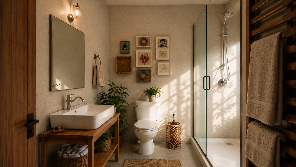 Banheiro aconchegante com pia de madeira, vaso sanitário, box de vidro, plantas e luz solar nas paredes.