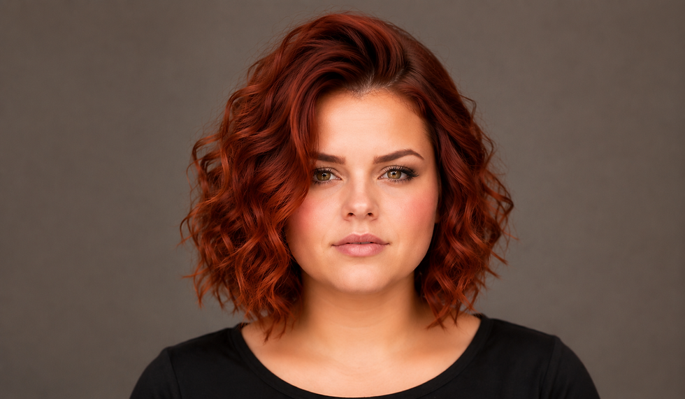 Retrato de mulher ruiva de cabelo cacheado, camisa preta, fundo cinza neutro, expressão séria e confiante.