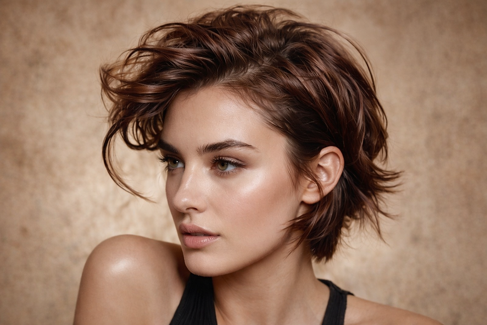 Mulher com cabelo curto e castanho olha para o lado, em um fundo bege. Ela parece pensativa, usando uma blusa preta.