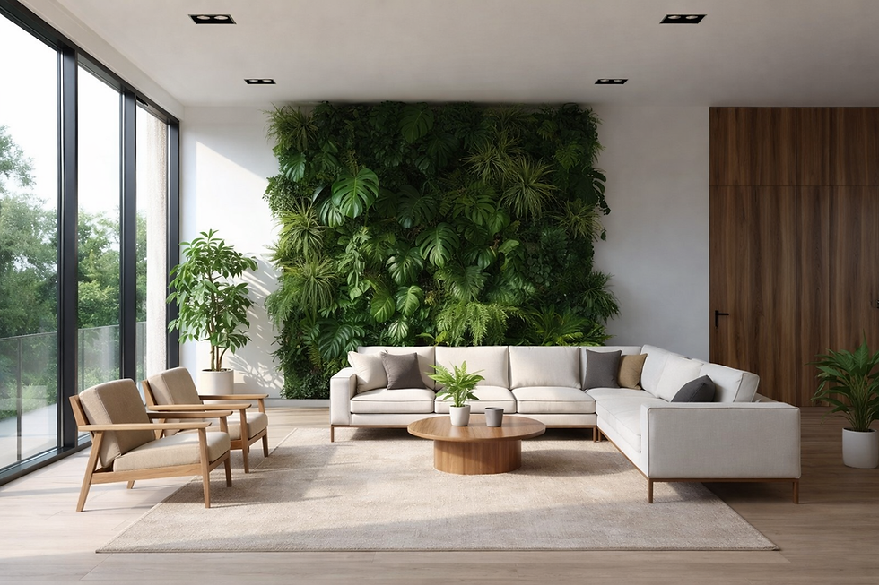 Sala moderna com sofá branco, cadeiras de madeira e mesa de centro. Parede de plantas verdes ao fundo e janelas altas à esquerda. Atmosfera tranquila.