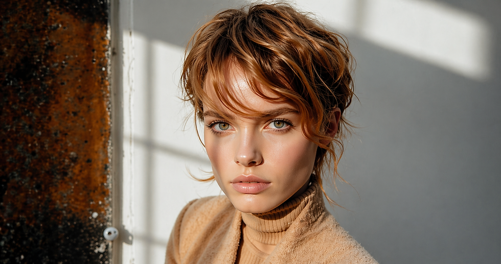 Mulher de cabelos ruivos curtos pixie em ambiente claro, veste blusa bege. A luz suave do sol cria sombras sutis, transmitindo serenidade.