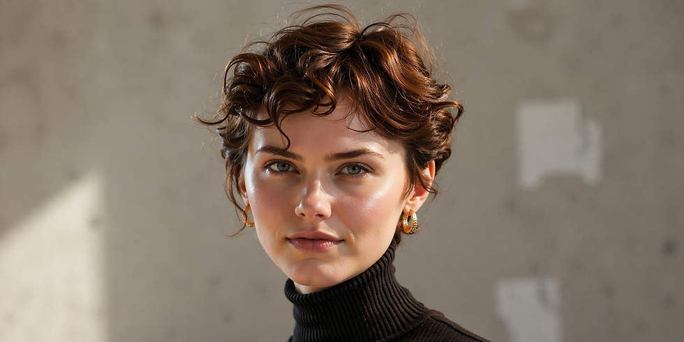 Mulher de cabelos curtos pixie e cacheados em um ambiente claro. Ela veste blusa preta de gola alta e brincos dourados, olhando calmamente.