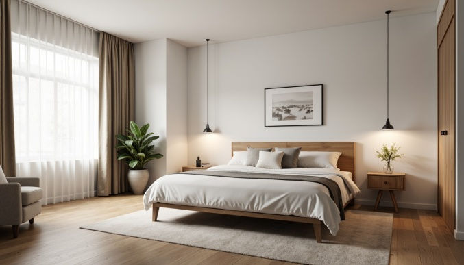 Quarto com cama de madeira, lençóis brancos, duas luminárias pendentes, planta ao lado e janela à esquerda. Ambiente aconchegante.