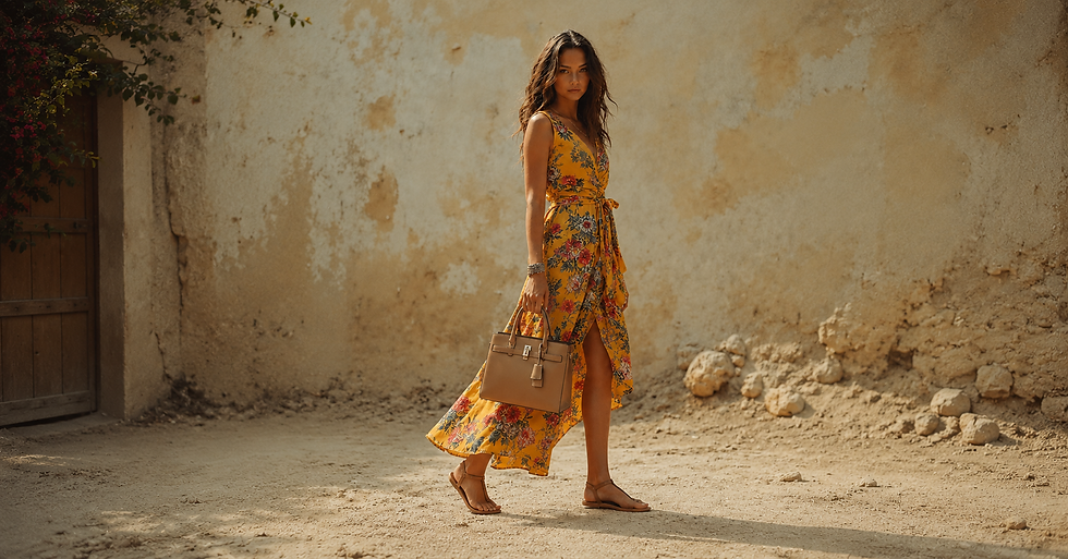 Mulher de vestido amarelo floral segura bolsa bege em pátio rústico com parede descascada e porta de madeira.