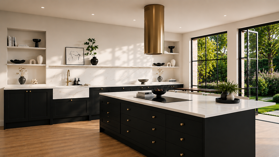 Cozinha moderna com ilha preta e bancada branca, detalhes dourados, janelas grandes e jardim verde ao fundo.