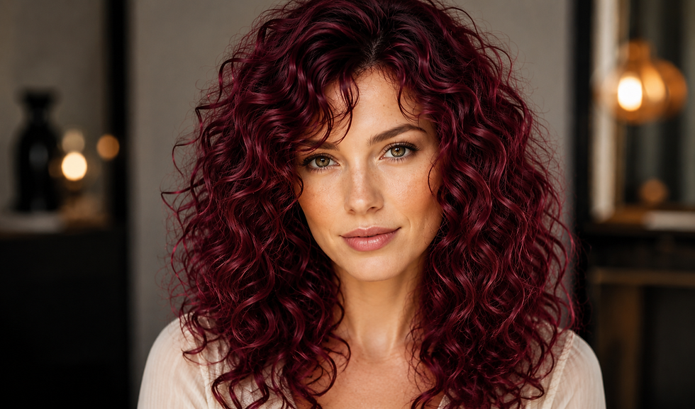 Retrato de mulher com cabelo cacheado vinho, olhar calmo, em fundo desfocado com luzes quentes.