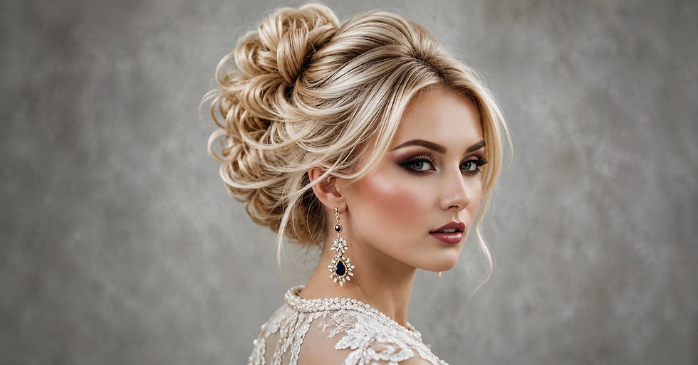 Retrato de mulher loira com penteado preso, brincos longos e vestido rendado, em fundo cinza, olhar elegante e sereno.