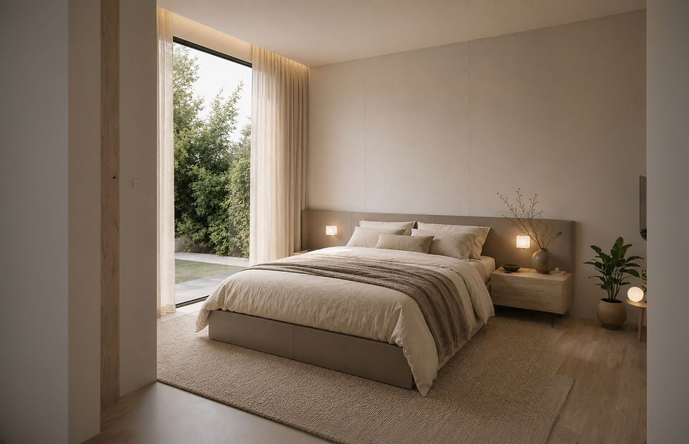 Quarto aconchegante com cama de casal bege, janela grande com cortinas claras, vista para jardim. Tons neutros e luz suave.