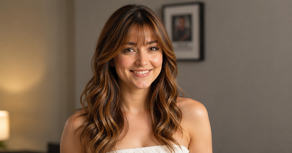 Mulher sorridente de cabelo ondulado castanho em ambiente interno, com fundo desfocado e quadro na parede.