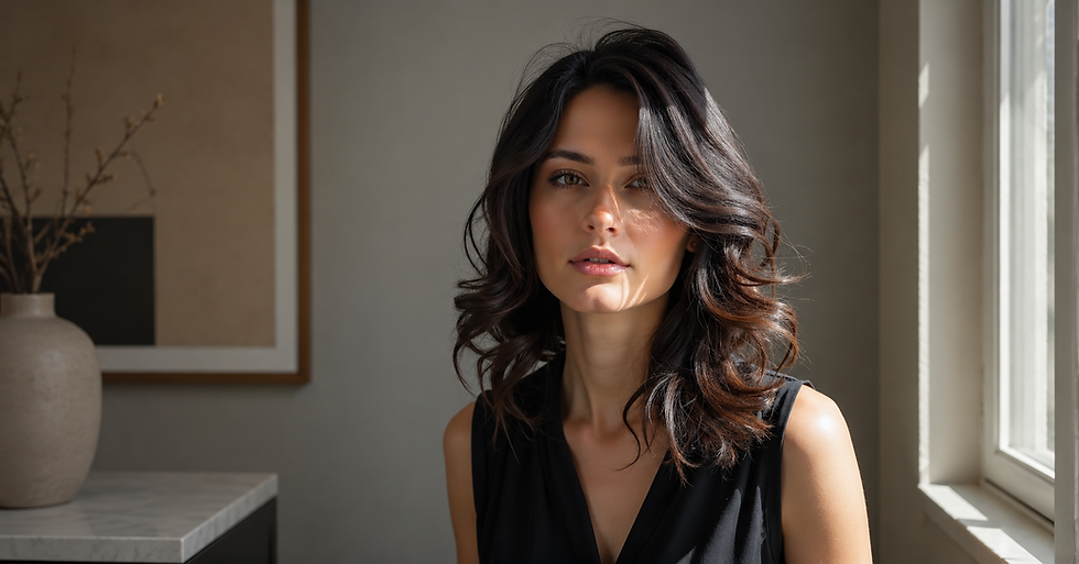 Mulher de cabelo escuro em blusa preta posa perto de janela, em sala clara e moderna, com expressão serena.