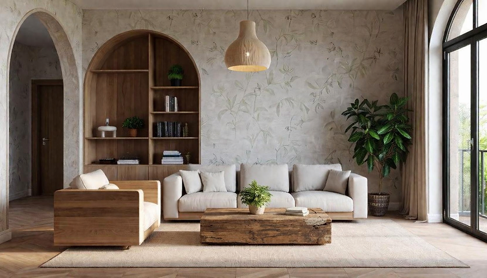 Sala moderna com sofá bege, mesa de madeira e planta verde. Estante com livros ao fundo. Ambiente iluminado por janelas grandes.