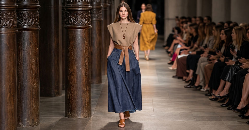 Modelo desfila em passarela com top bege, saia jeans azul e sandálias; plateia assiste entre colunas de madeira escura.