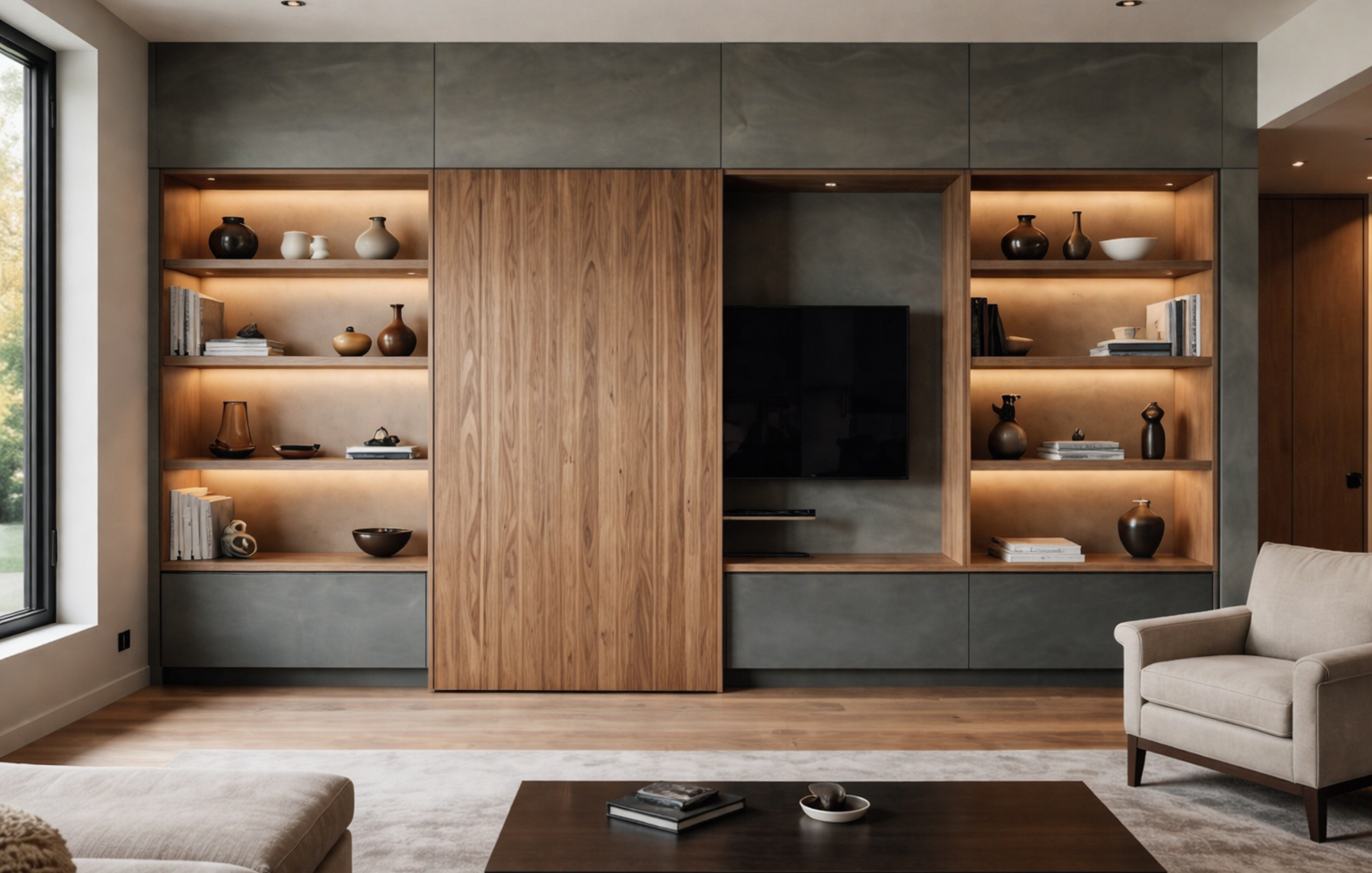 Painel de marcenaria com TV integrada, prateleiras iluminadas e layout organizado para assistir e jogar com conforto e uso real.