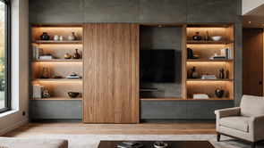 Painel de marcenaria com TV integrada, prateleiras iluminadas e layout organizado para assistir e jogar com conforto e uso real.