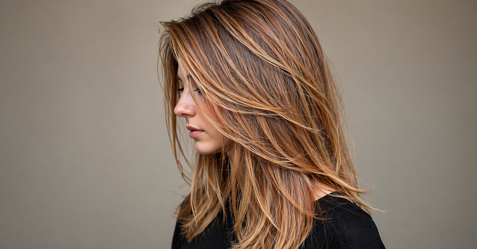 Mulher de perfil com cabelo castanho claro em destaque, veste blusa preta. corte de cabelo médio em camadas repicada