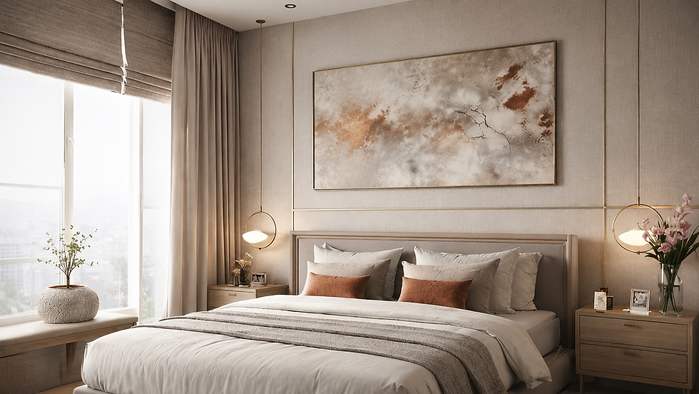 Quarto moderno com cama queen, almofadas bege e decoração minimalista. Quadro abstrato na parede. Ambiente claro e relaxante.