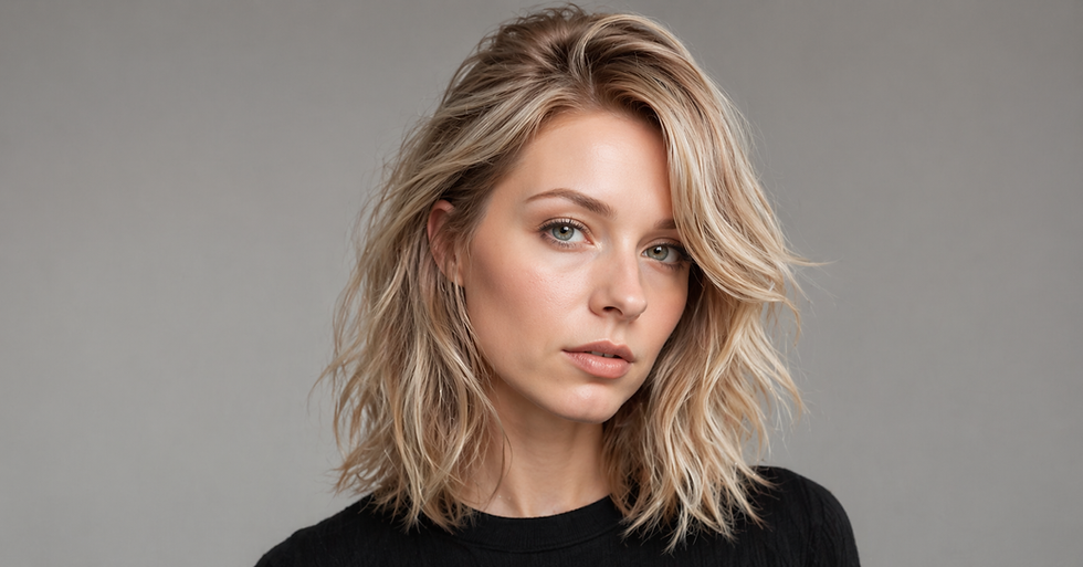 Mulher de cabelos loiros médios num fundo cinza. corte de cabelo médio em camadas repicada Ambiente neutro e minimalista.