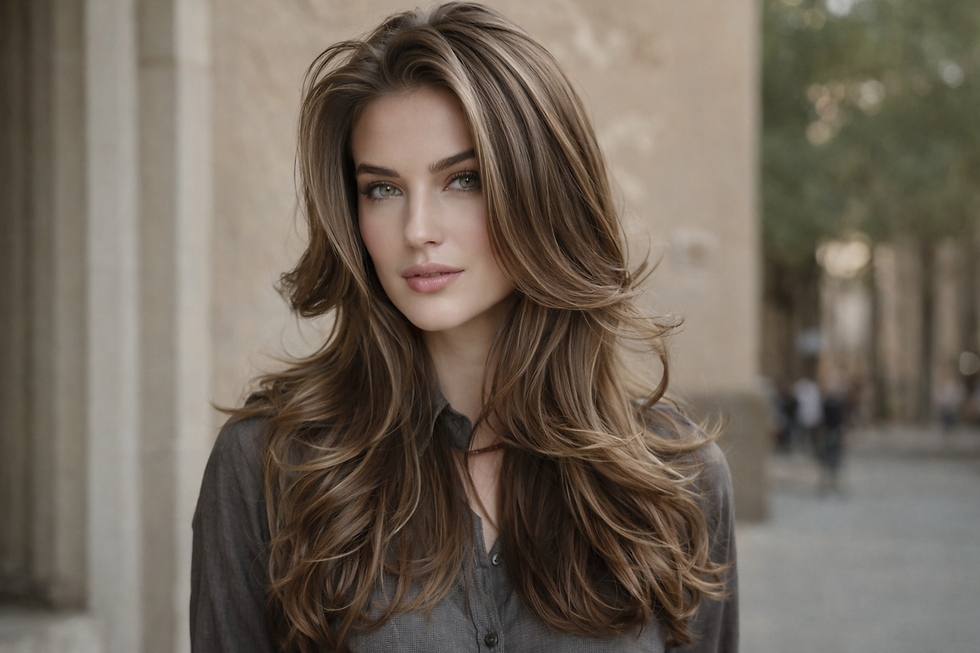 Cortes para rosto oval Mulher de cabelos longos castanhos em fundo urbano desfocado, usando camisa cinza, expressando serenidade.