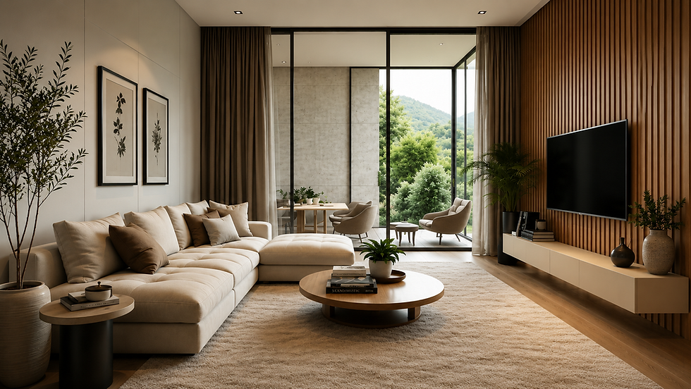 Sala contemporânea com sofá bege, mesa de centro redonda e plantas. Iluminação suave, janelas amplas com vista para a natureza.