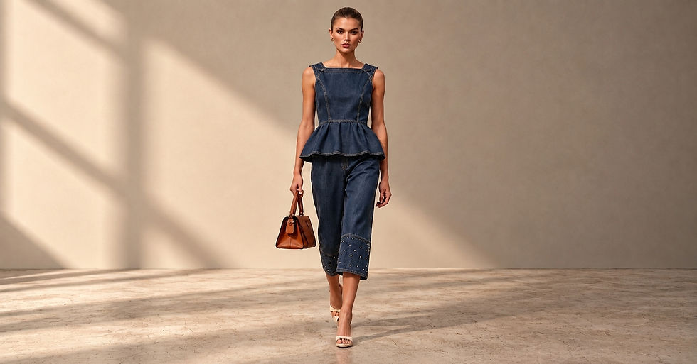 Modelo desfila em estúdio claro, com conjunto jeans azul e bolsa marrom, expressão confiante.