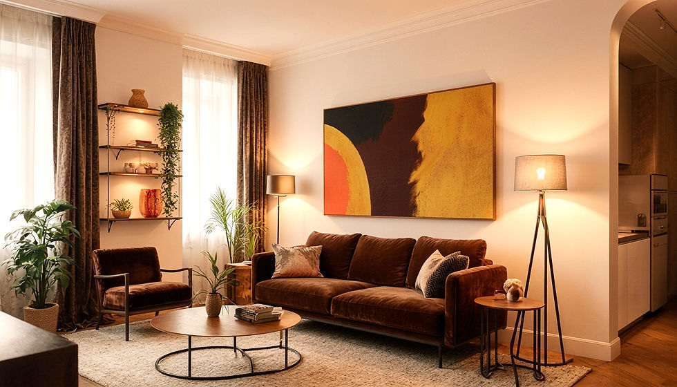 Sala de estar aconchegante com sofá marrom, poltrona, luminárias, plantas e quadro abstrato amarelo e laranja.
