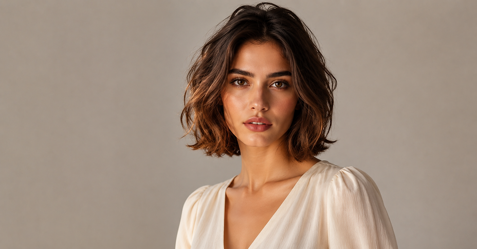 Retrato de mulher de cabelo castanho ondulado, blusa creme, olhando para a câmera com expressão serena, fundo neutro.