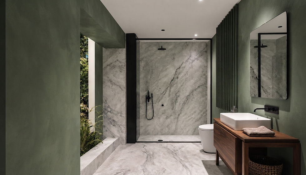 Banheiro moderno verde e mármore, com chuveiro, bancada de madeira, espelho e planta ao fundo, em clima elegante e calmo