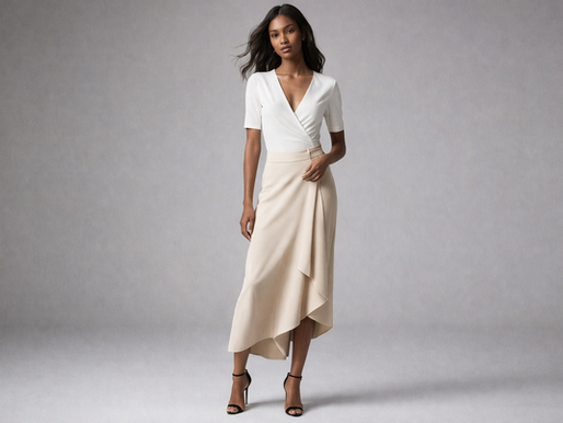 Mulher com corpo em formato triângulo invertido usando decote em V e saia midi fluida, equilibrando ombros largos e base mais estreita.