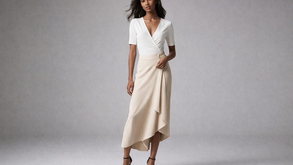 Mulher com corpo em formato triângulo invertido usando decote em V e saia midi fluida, equilibrando ombros largos e base mais estreita.