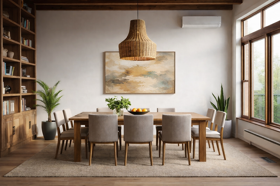 Sala de jantar com mesa de madeira, oito cadeiras cinza, luminária de palha, quadro abstrato, estante de livros e plantas. Ambiente aconchegante.