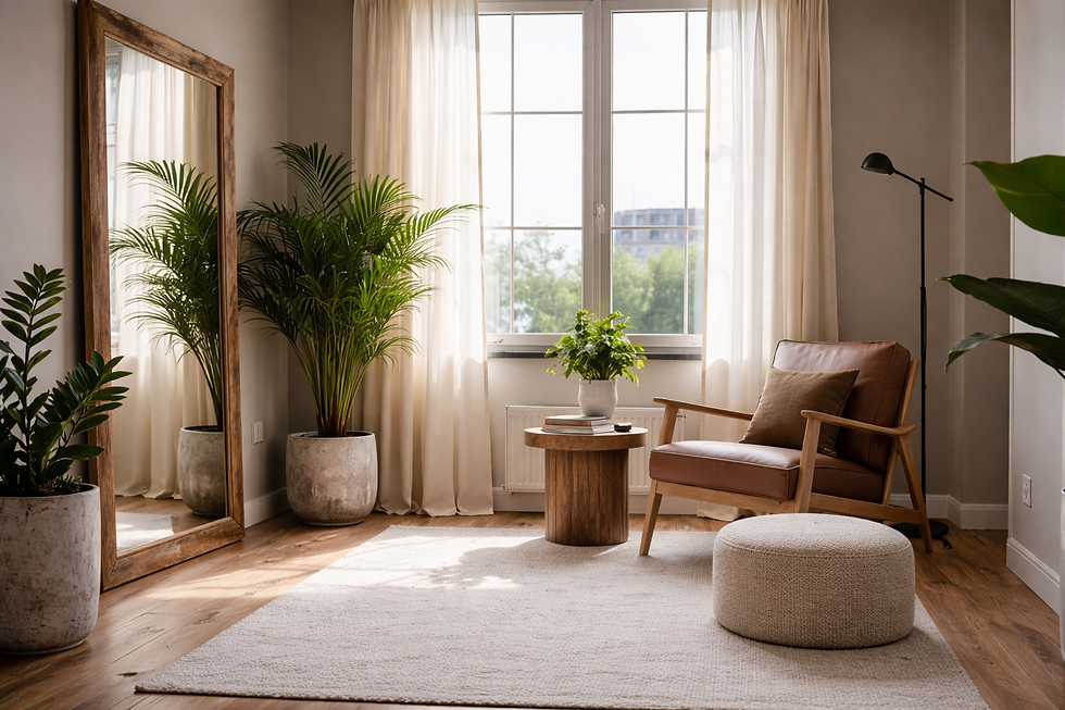 Sala iluminada com cadeira de couro, mesa de madeira, espelho grande, plantas e pufe bege. Cortinas claras filtram a luz suave.
