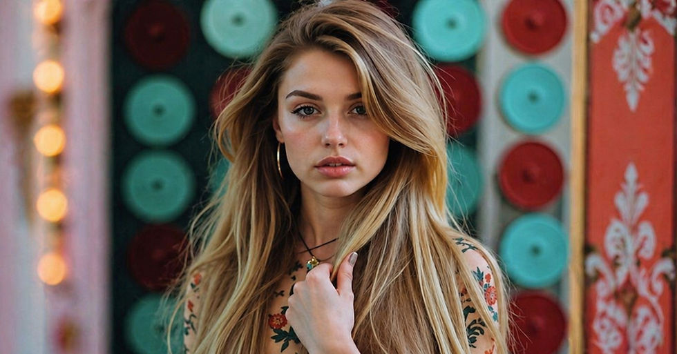 Mulher de cabelos loiros longos em fundo colorido com círculos turquesa e vermelhos. Usa brincos de argola e blusa com estampas.