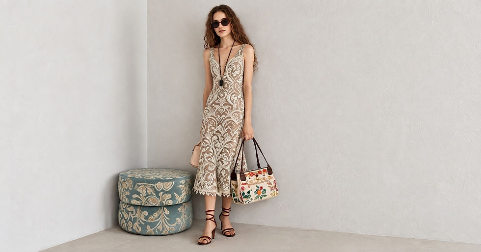 Mulher de vestido rendado posa com óculos escuros e bolsa floral em sala minimalista, ao lado de pufes estampados.