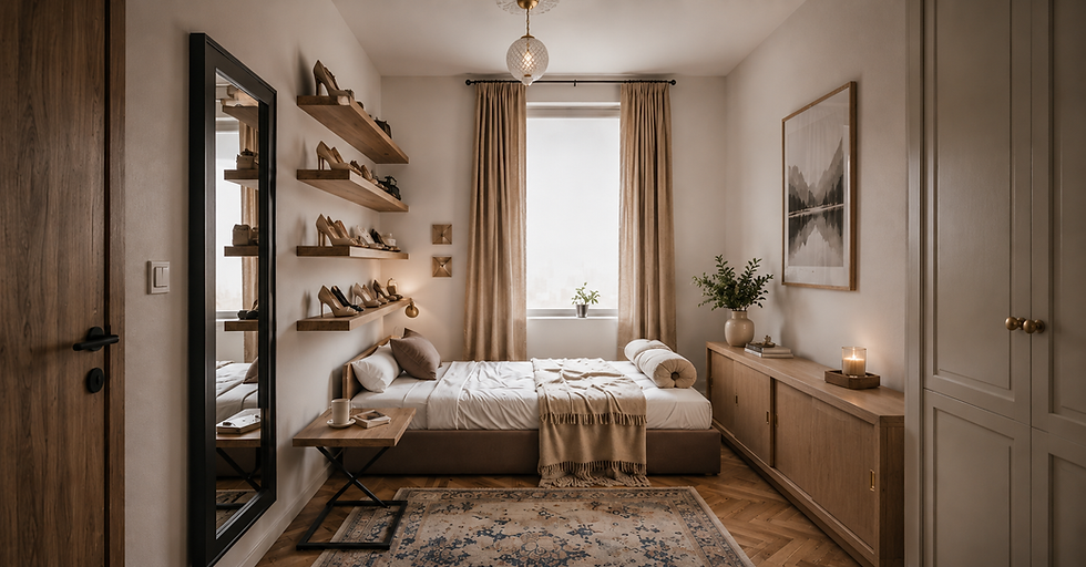 Quarto elegante e acolhedor em tons bege e madeira, com cama arrumada, sapatos em prateleiras, espelho, janela e vela acesa.