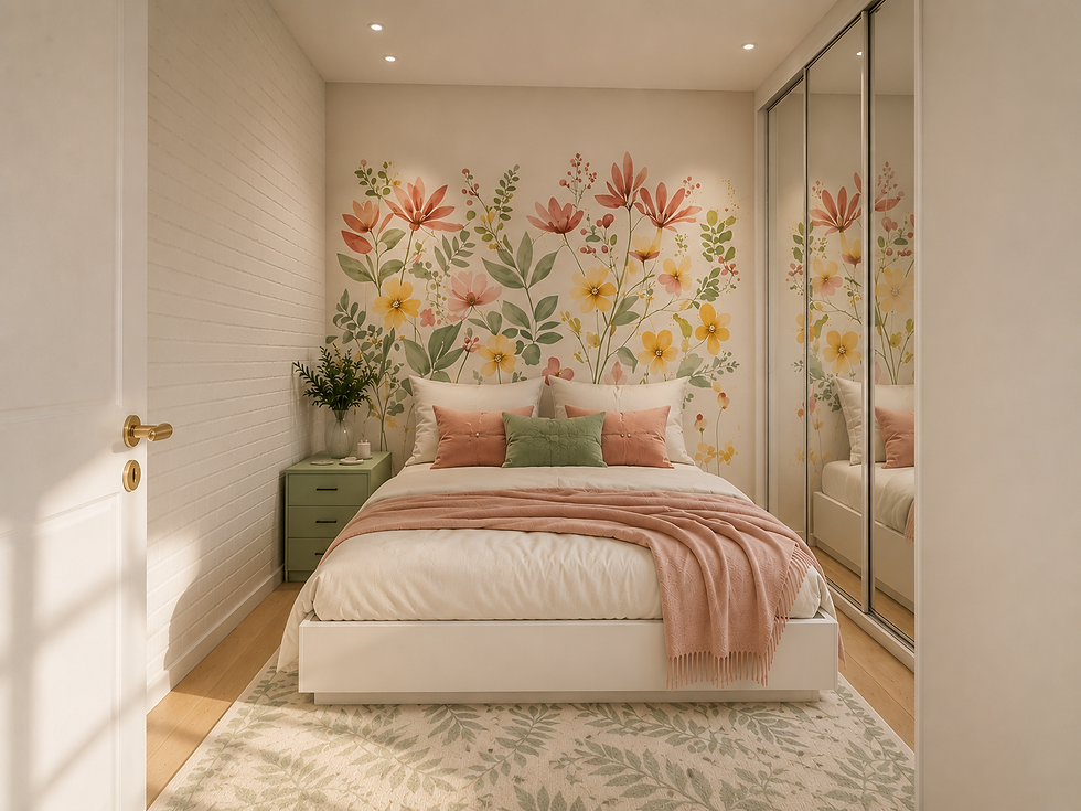 Quarto claro com cama arrumada, manta rosa, almofadas e mural floral colorido; espelho reflete a cena.