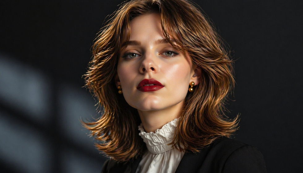 Mulher de cabelos castanhos e batom vermelho, corte de cabelo médio em camadas repicada