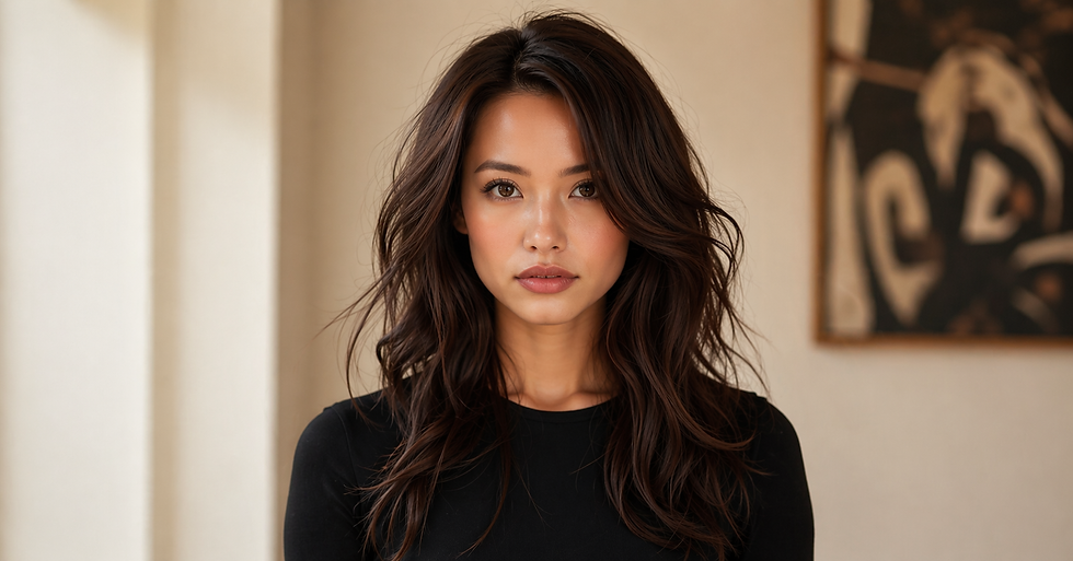 Mulher de cabelos soltos e expressão séria em ambiente interno com parede clara ao fundo e quadro. corte de cabelo médio em camadas repicada