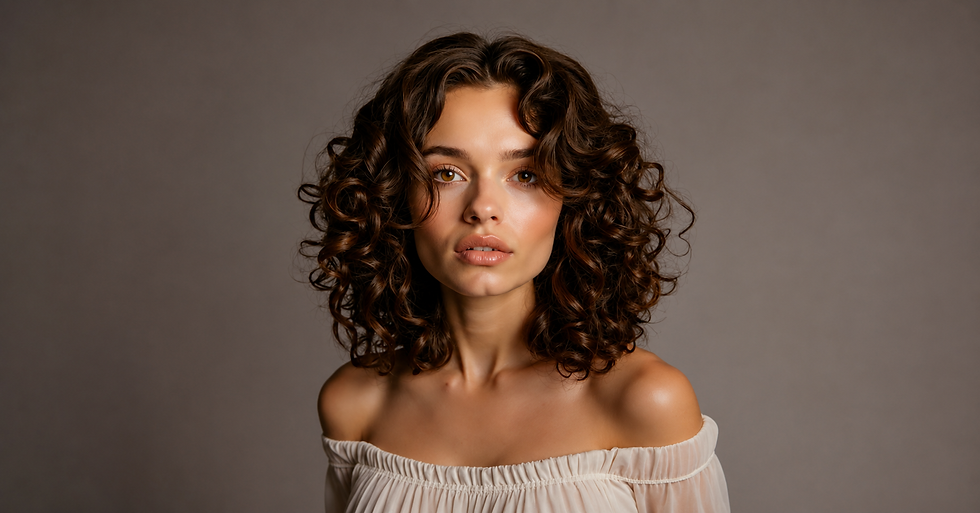Mulher com cabelo cacheado e expressão serena, veste blusa branca ombro a ombro. Fundo cinza sem padrão. Iluminação suave.