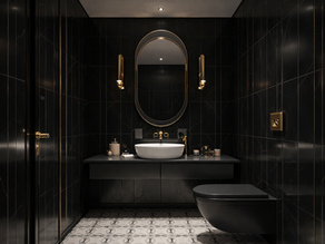 Lavabo elegante com bancada compacta, iluminação indireta e revestimento marcante.