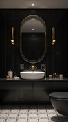 Lavabo elegante com bancada compacta, iluminação indireta e revestimento marcante.