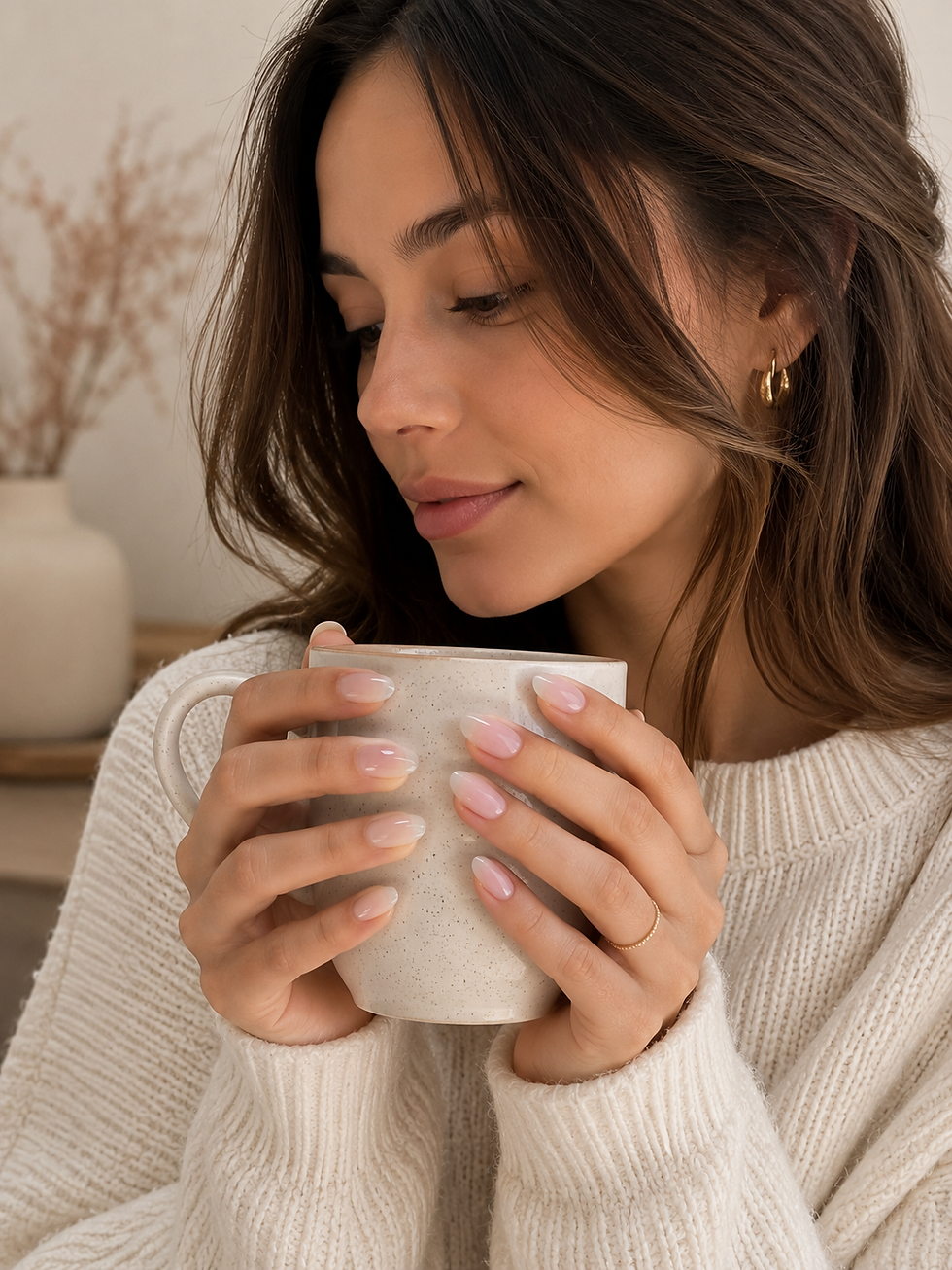 Mulher de suéter creme segura caneca bege em ambiente aconchegante, com expressão serena.