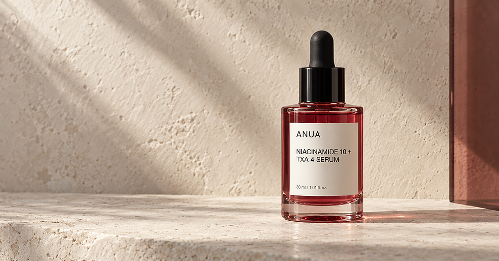 Frasco conta-gotas vermelho de sérum ANUA NIACINAMIDE 10 + TXA 4 sobre pedra clara, com luz suave.
